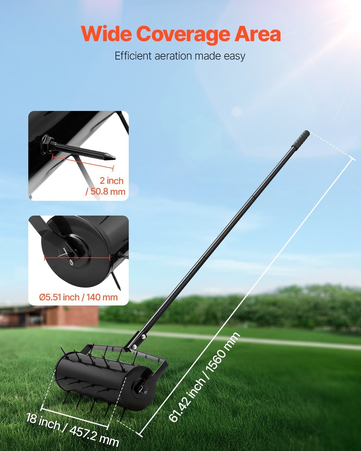 Rolling Lawn Aerator, 18-inch Heavy-Duty Manual Rolling Aerator Lawn With Detachable Handle And 27 Iron Spikes, Rolling Lawn Aeration Tool For Garden Patio Yard Compacted Soils And Lawns, Black - Image 3