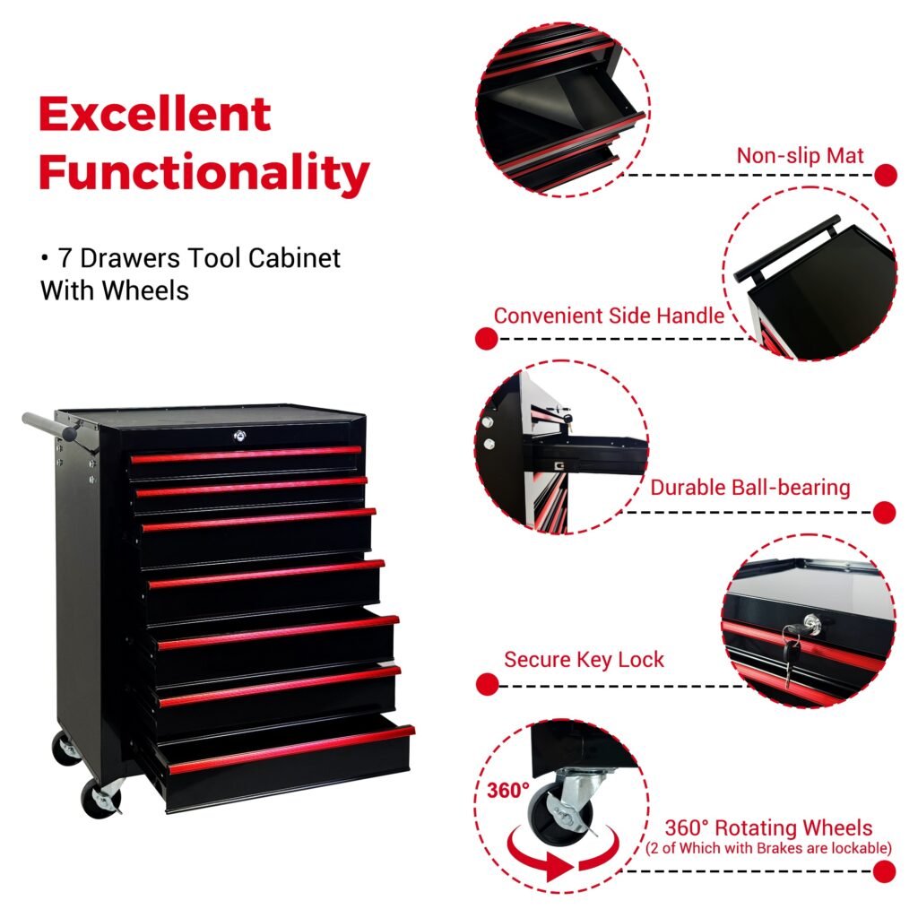 7-Drawer Rolling Tool Storage Cabinet With Detachable Top Tool Box, Universal Lockable Wheels, Adjustable Shelf, Locking Mechanism, Metal Tool Cart For Garage Workshop,Dark Space Black