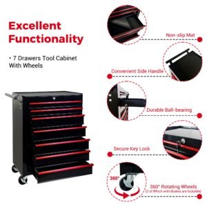 7-Drawer Rolling Tool Storage Cabinet With Detachable Top Tool Box, Universal Lockable Wheels, Adjustable Shelf, Locking Mechanism, Metal Tool Cart For Garage Workshop,Dark Space Black - Image 4