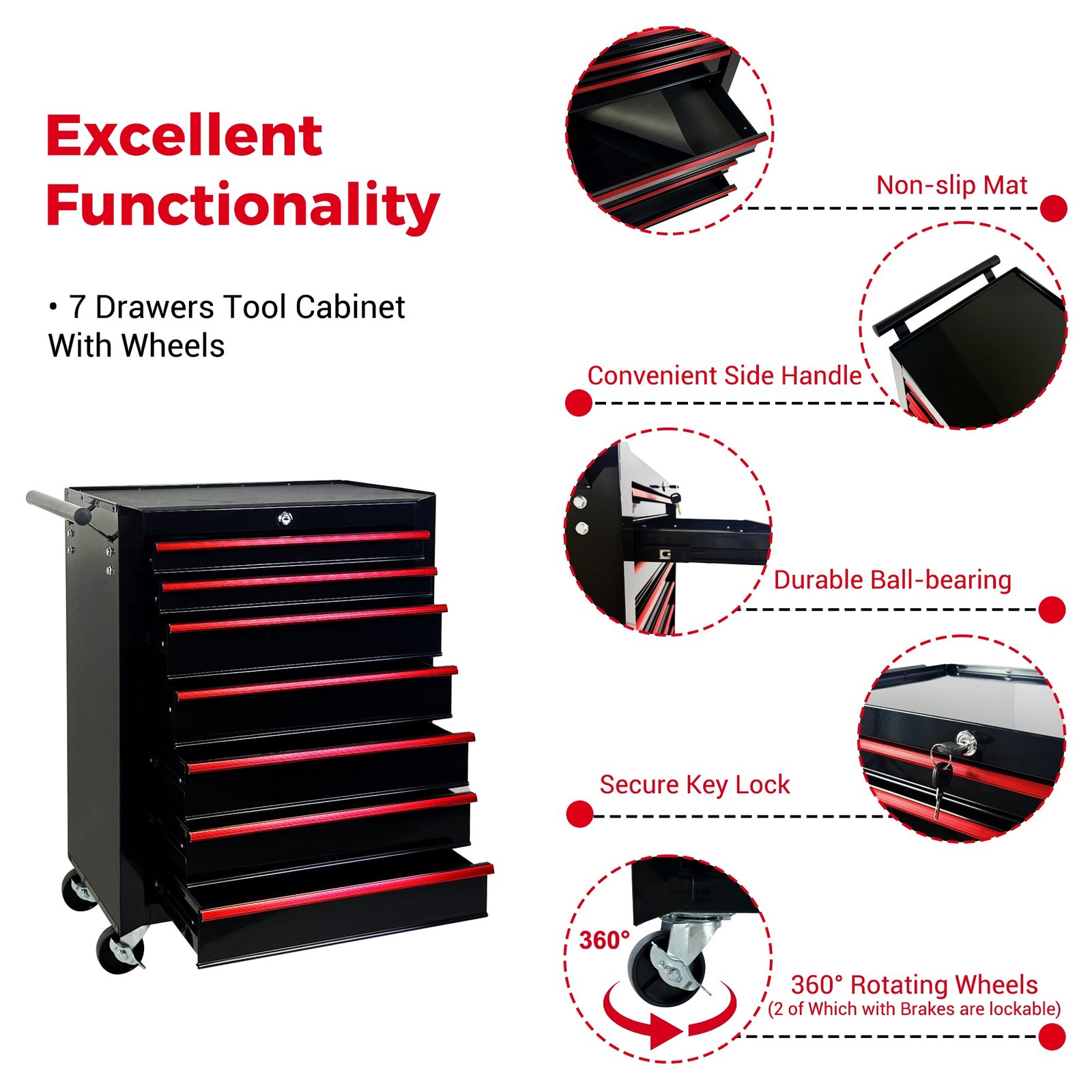 7-Drawer Rolling Tool Storage Cabinet With Detachable Top Tool Box, Universal Lockable Wheels, Adjustable Shelf, Locking Mechanism, Metal Tool Cart For Garage Workshop,Dark Space Black - Image 4