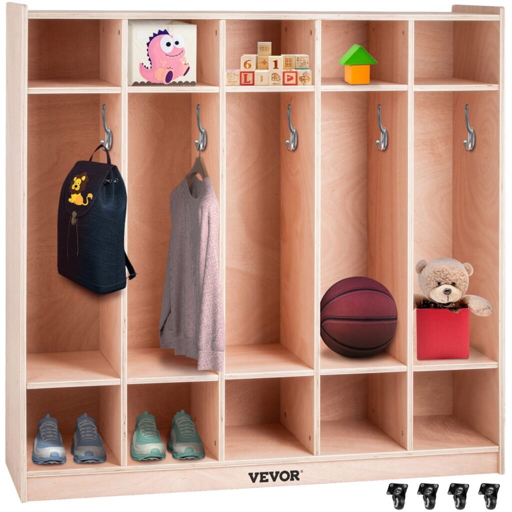 Coat Locker, 5-Section Daycare Cubby Coat Rack 48x12x48 Inch, Classroom Coat Locker And Backpack Hanger, With 5 Hooks And Storage Boxes, For Kindergarten & School, Natural