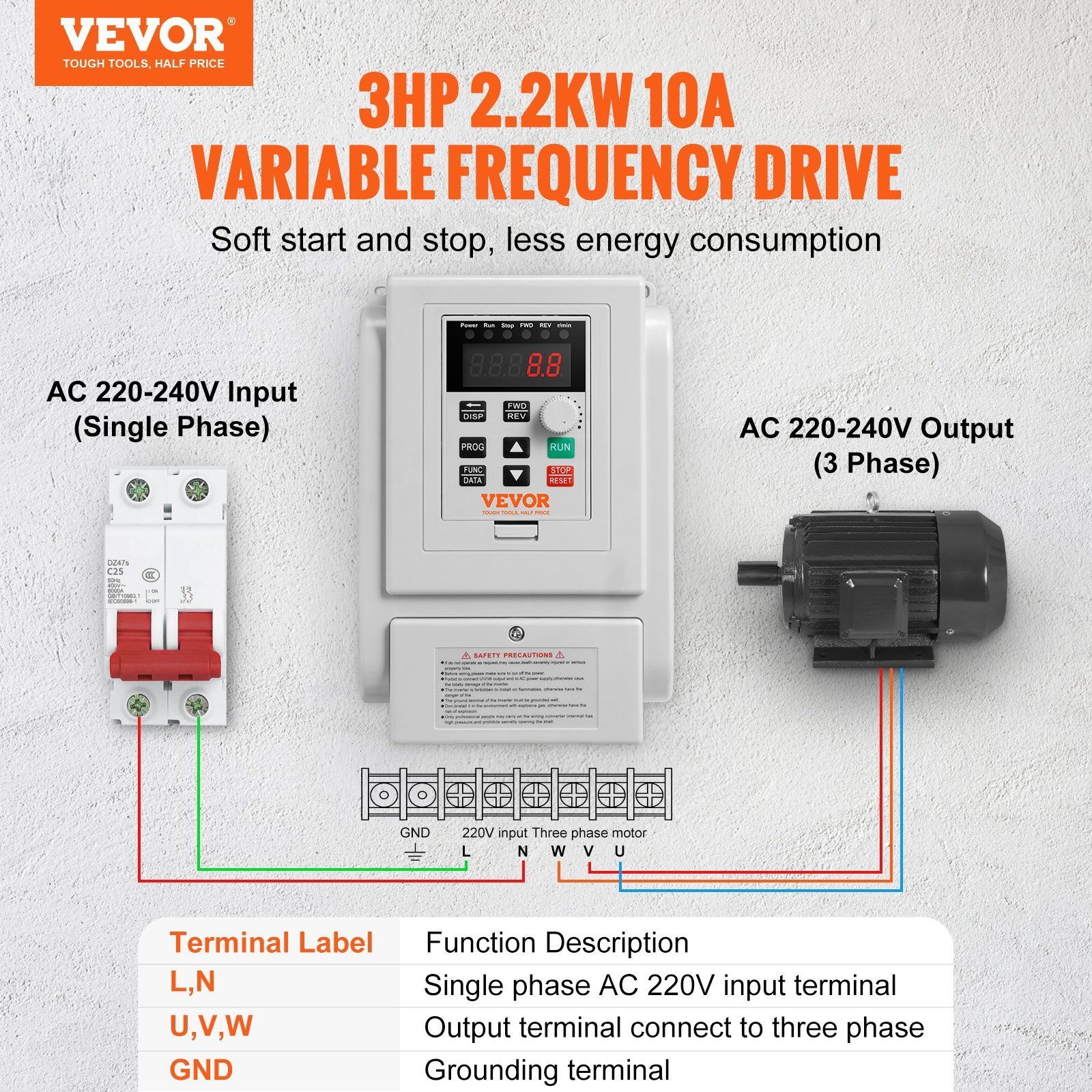 VFD 2.2KW 10A 3HP Variable Frequency Drive For 3-Phase Motor Speed Control - Image 3