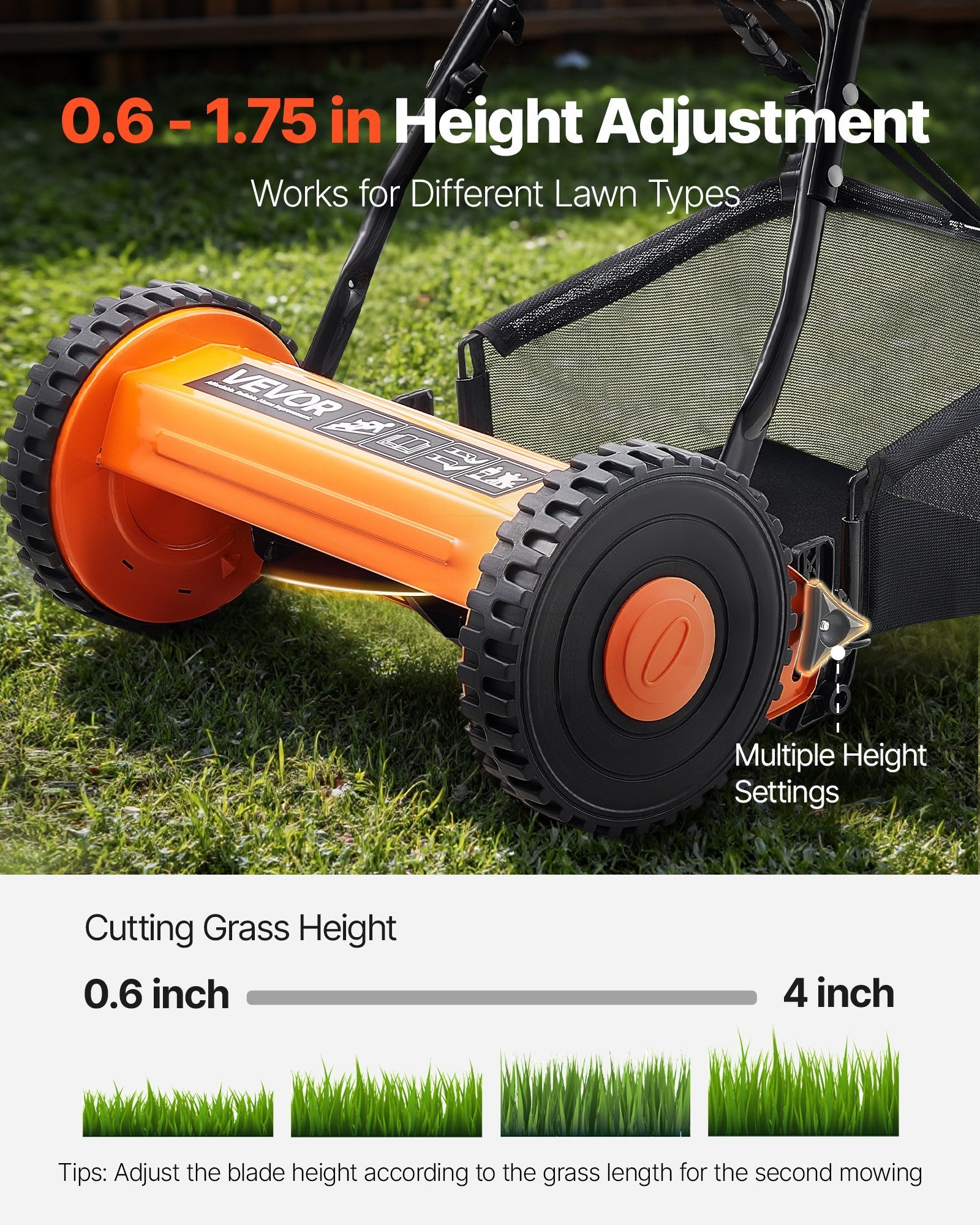 14' Manual Push Reel Lawn Mower 5-Blade Adjustable Height Grass Catcher 2 Wheels - Image 6