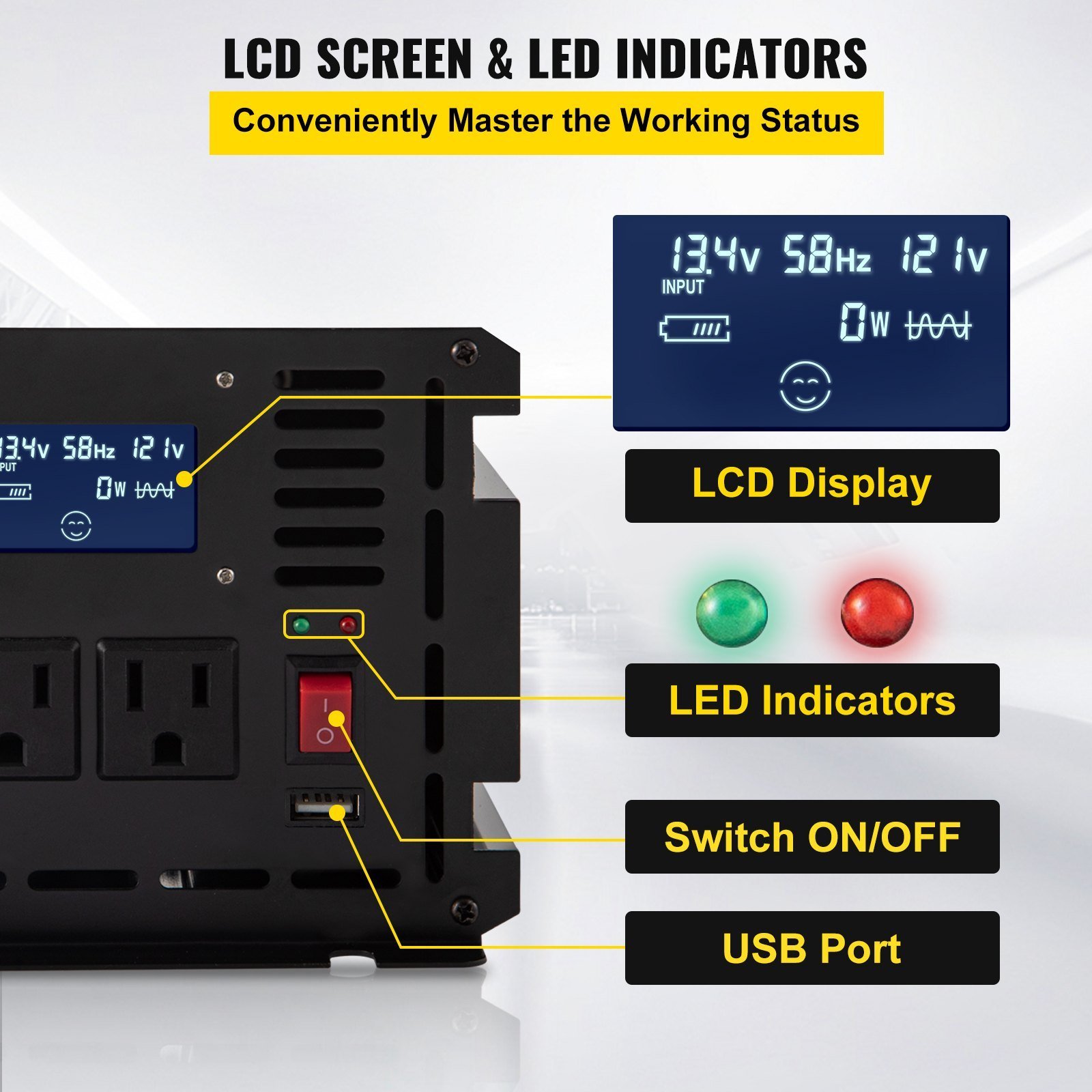 Power Inverter, 2500W Modified Sine Wave Inverter, DC 12V To AC 120V Car Converter, With LCD Display, Remote Controller, LED Indicator, AC Outlets Inverter For Truck RV Car Boat Travel Camping - Image 5