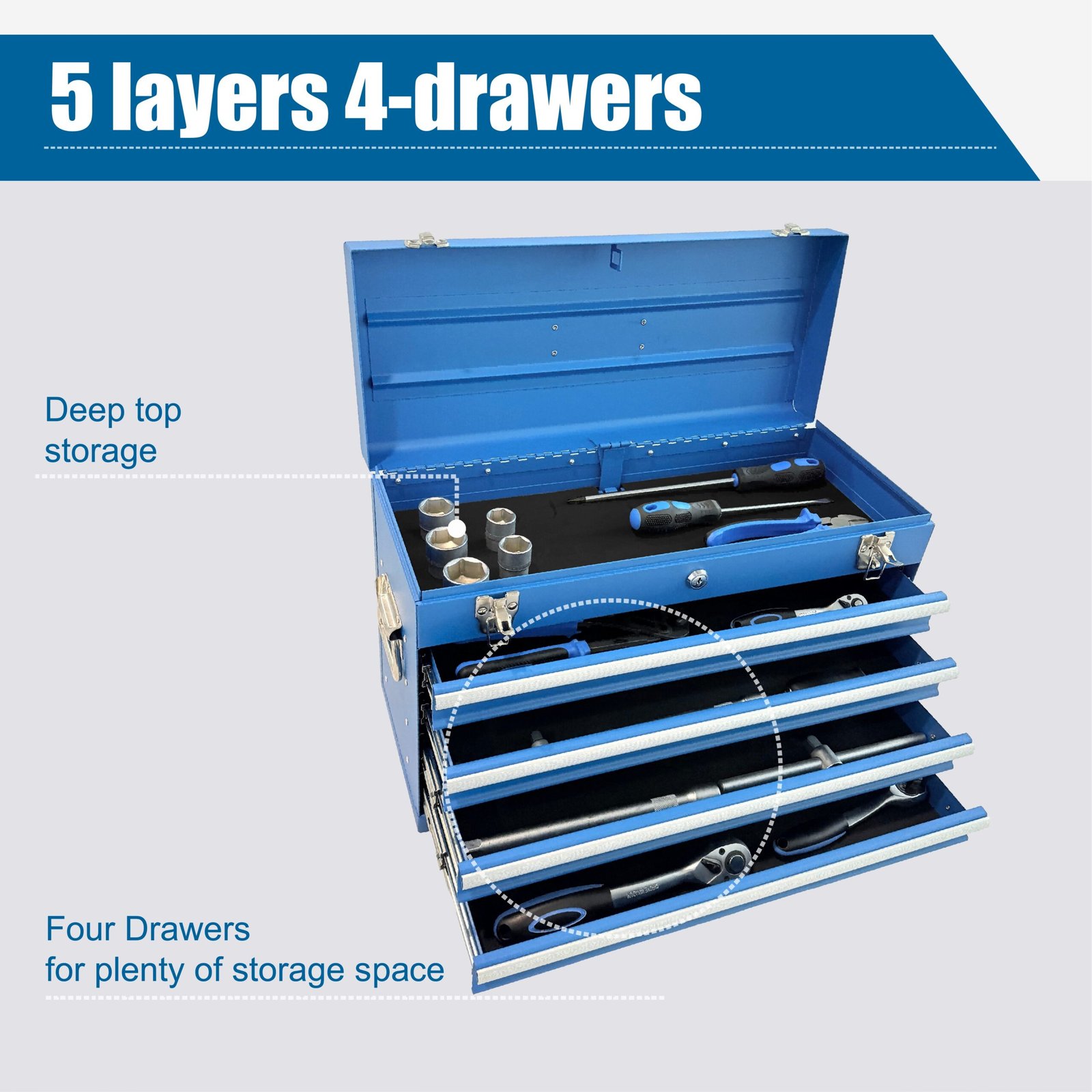 Heavy Duty Metal Tool Box, 21-inch, Portable Metal Tool Box With 4 Drawers, Small Tool Chest With EVA Liners, Ball Bearing Slide Drawers Locking & Powder Coated Finish, Multi-Function Tool Organizer - Image 7