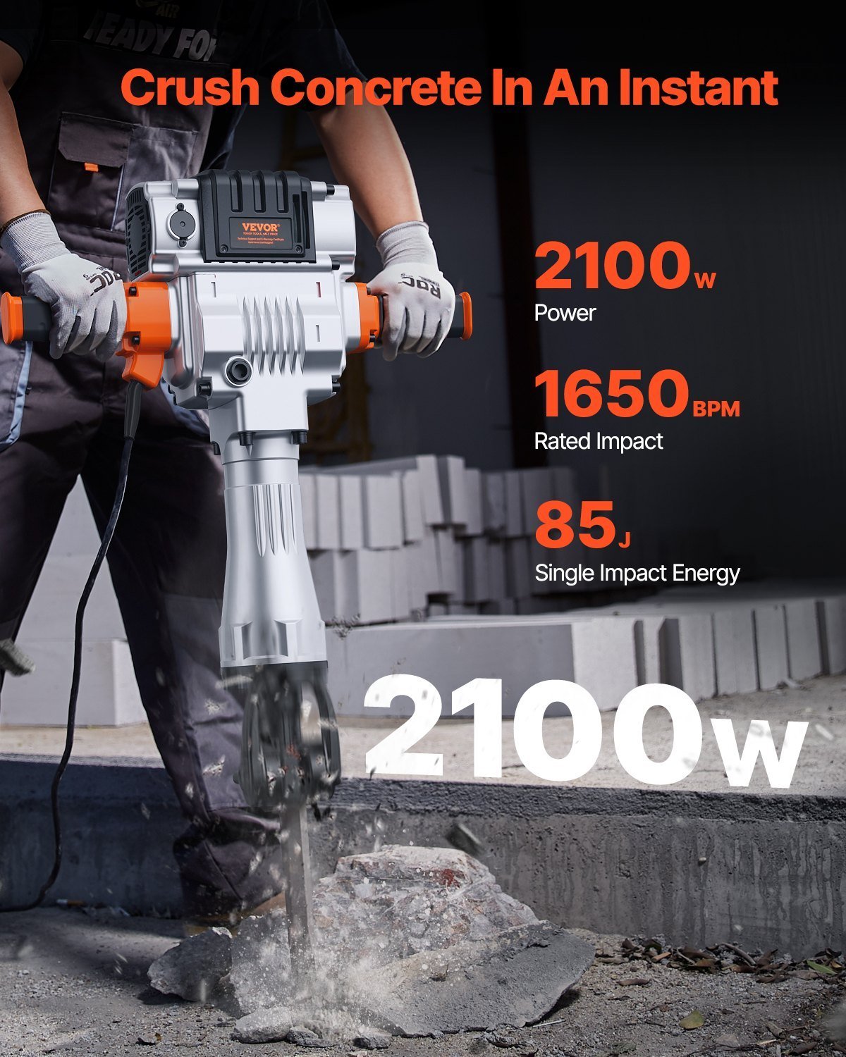 Demolition Jack Hammer Concrete Breaker 2100W Electric Hammer 2 Chisel Bit - Image 5