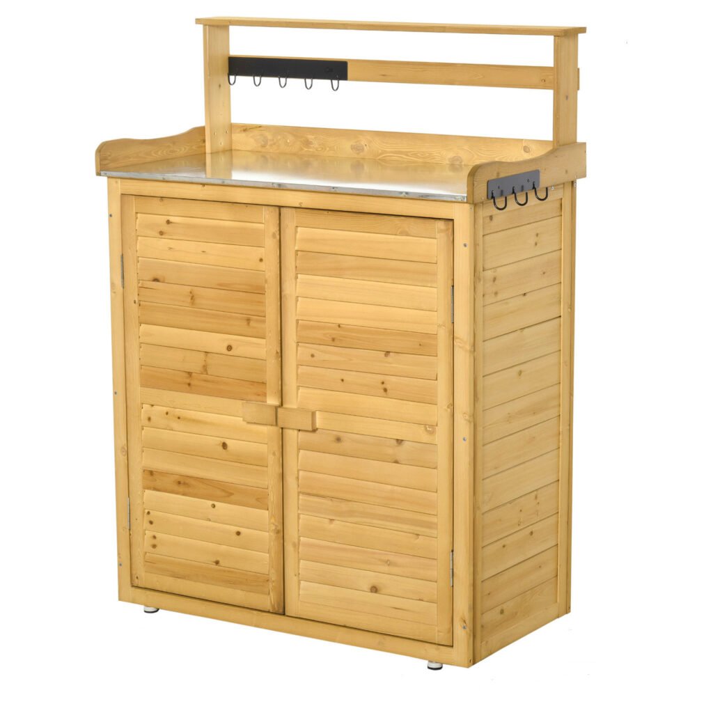 Backyard Garden Tool Storage Shed, Outdoor Storage & Potting Bench with 2 Magnetic Close Doors & Large Interior Storage Space