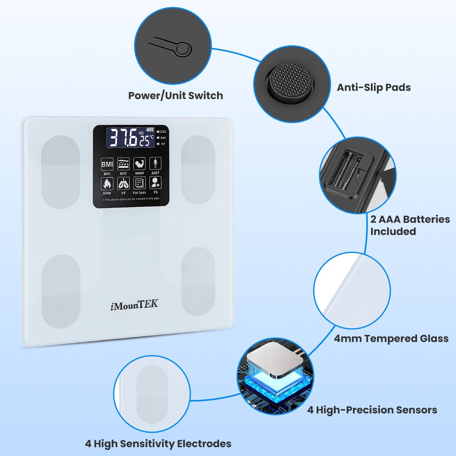Smart Digital Scale For Body Weight High Accuracy BMI Weight Scale Full Body Composition Analysis Sync With APP 4mm Tempered Glass 397LBS Capacity LCD Display - Image 4