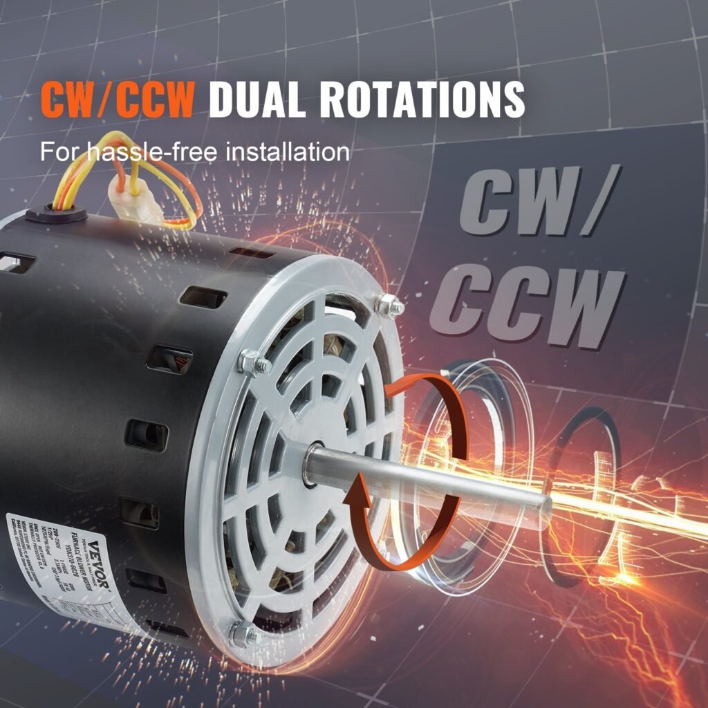 1/2HP Furnace Blower Motor, 208/230V 2.7Amps, 1075RPM 5 Speeds, CW/CCW Rotation, 48 Frame 3.4' Shaft Length, 7.5μF/450V Capacitor + 11' Hold Hoop