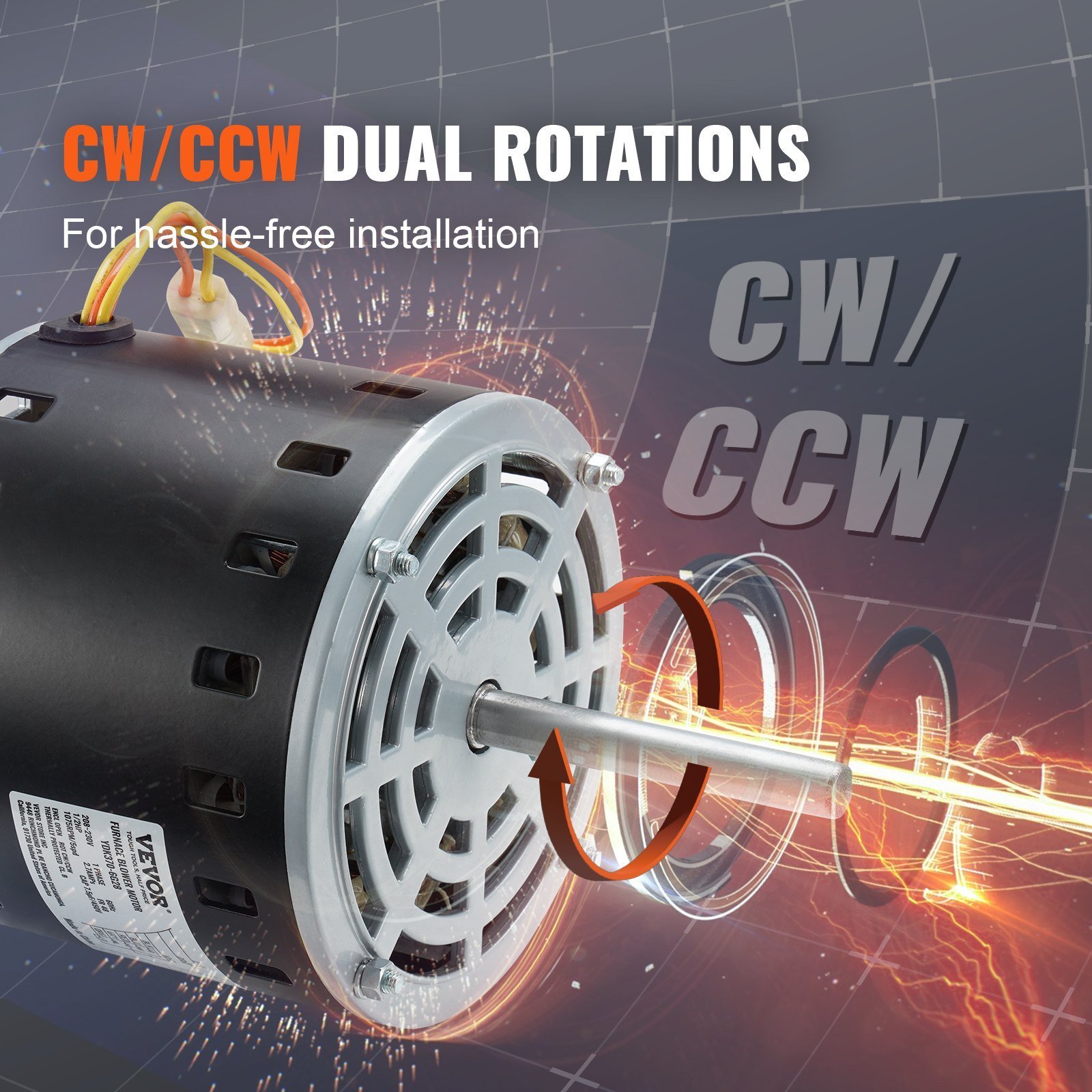 1/2HP Furnace Blower Motor, 208/230V 2.7Amps, 1075RPM 5 Speeds, CW/CCW Rotation, 48 Frame 3.4' Shaft Length, 7.5μF/450V Capacitor + 11' Hold Hoop - Image 4