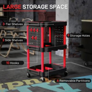 3-Tier Rolling Tool Cart, 200 LBS Capacity Plastic Utility Cart With Side Shelves For Garage, Workshop, Black And Red - Image 5