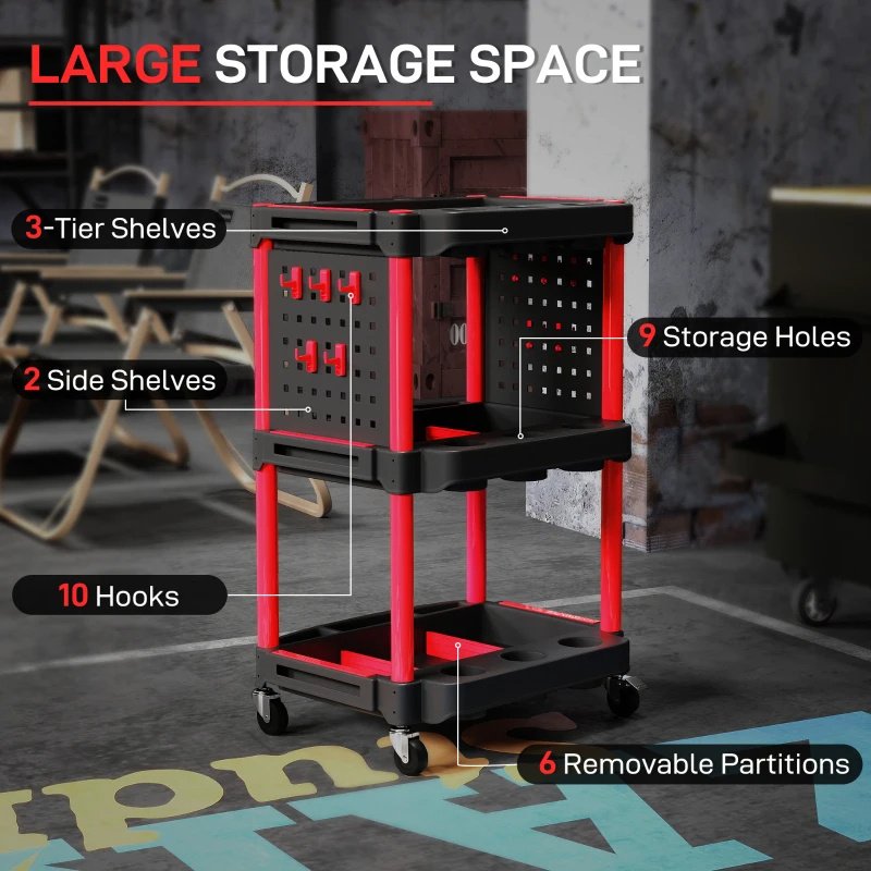 3-Tier Rolling Tool Cart, 200 LBS Capacity Plastic Utility Cart With Side Shelves For Garage, Workshop, Black And Red