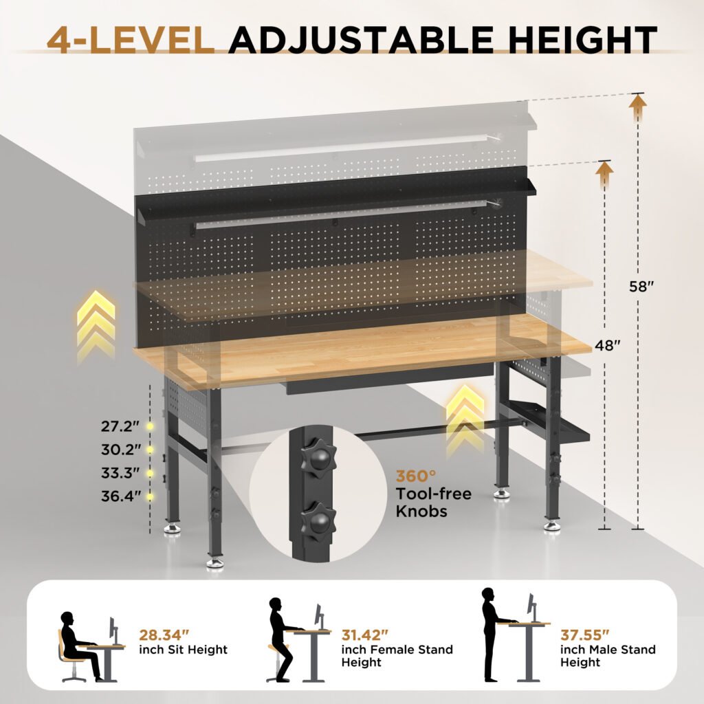 60in  Workbench With Drawers ,Solid Wood Top, 2000 Lbs Capacity, Adjustable Height Garage Work Table With Power Outlet, LED Light, Wheels Or Leveling Feet
