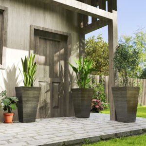 Set of 3 Tall Planters, 28" Outdoor Planter w/ Drainage Holes, Faux Wood Plastic Flower Pots, Dark Brown - Image 1