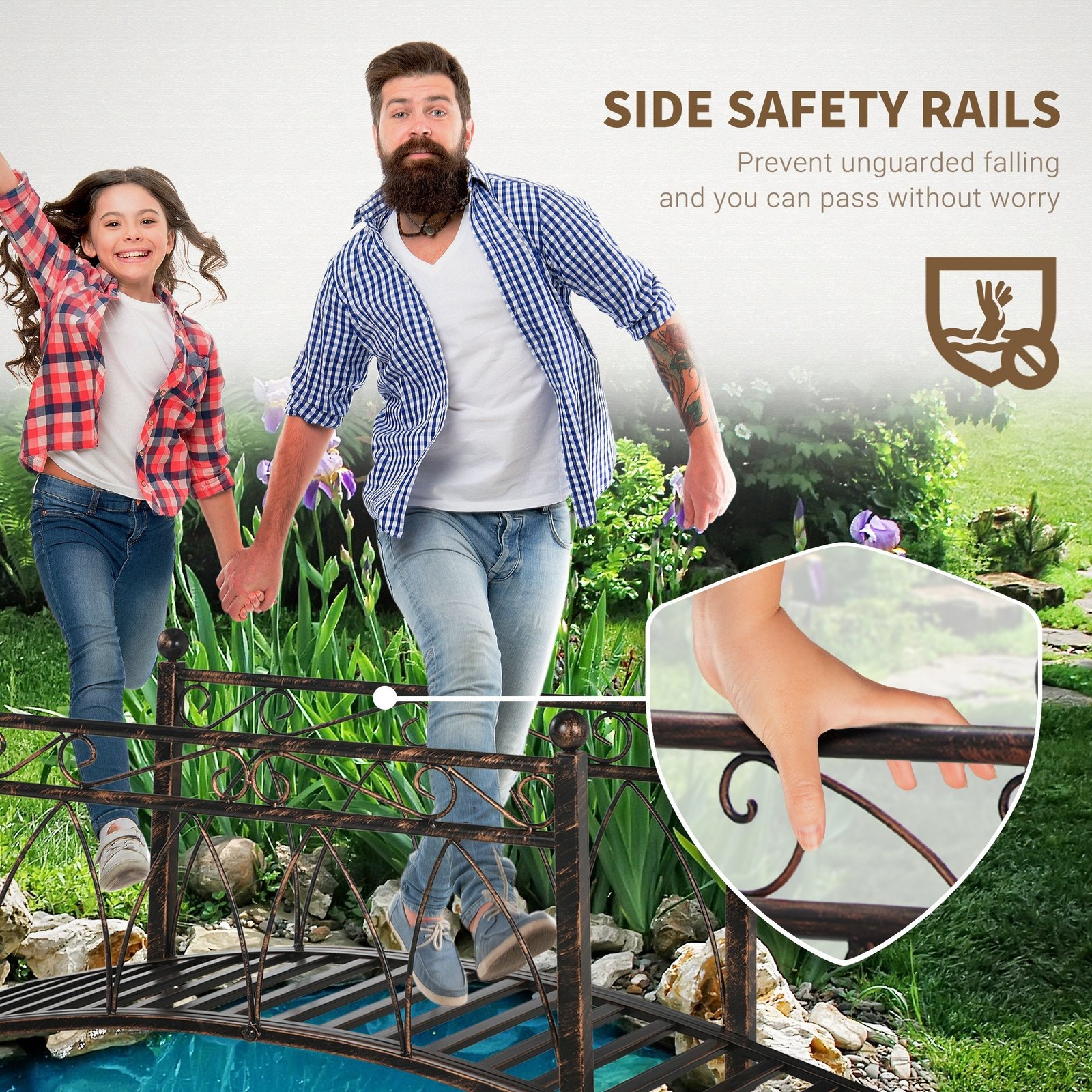 3.3 Metal Arch Zen Garden Bridge with Safety Siderails, Decorative Footbridge, Delicate Scrollwork & Corner Spheres for Stream, Fish Pond, Bronze - Image 8