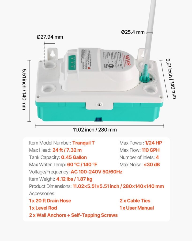 Condensate Pump, 1/24 HP, 110 GPH, 24 Ft Lift, 100-240V Automatic AC Condensation Removal Pump With Safety Switch & 20 Ft Tubing, For Air Conditioner, Dehumidifier, HVAC, Furnace, Ice Maker