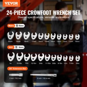 VEVOR Drive Crowfoot Wrench Set With 2 Extension Bars, 24-Piece Crows Foot Wrench Set, SAE  -1inch And Metric 10-22 Mm, CR-MO Steel Crowfoot Wrench Set, With EVA Tool Organizer - Image 6