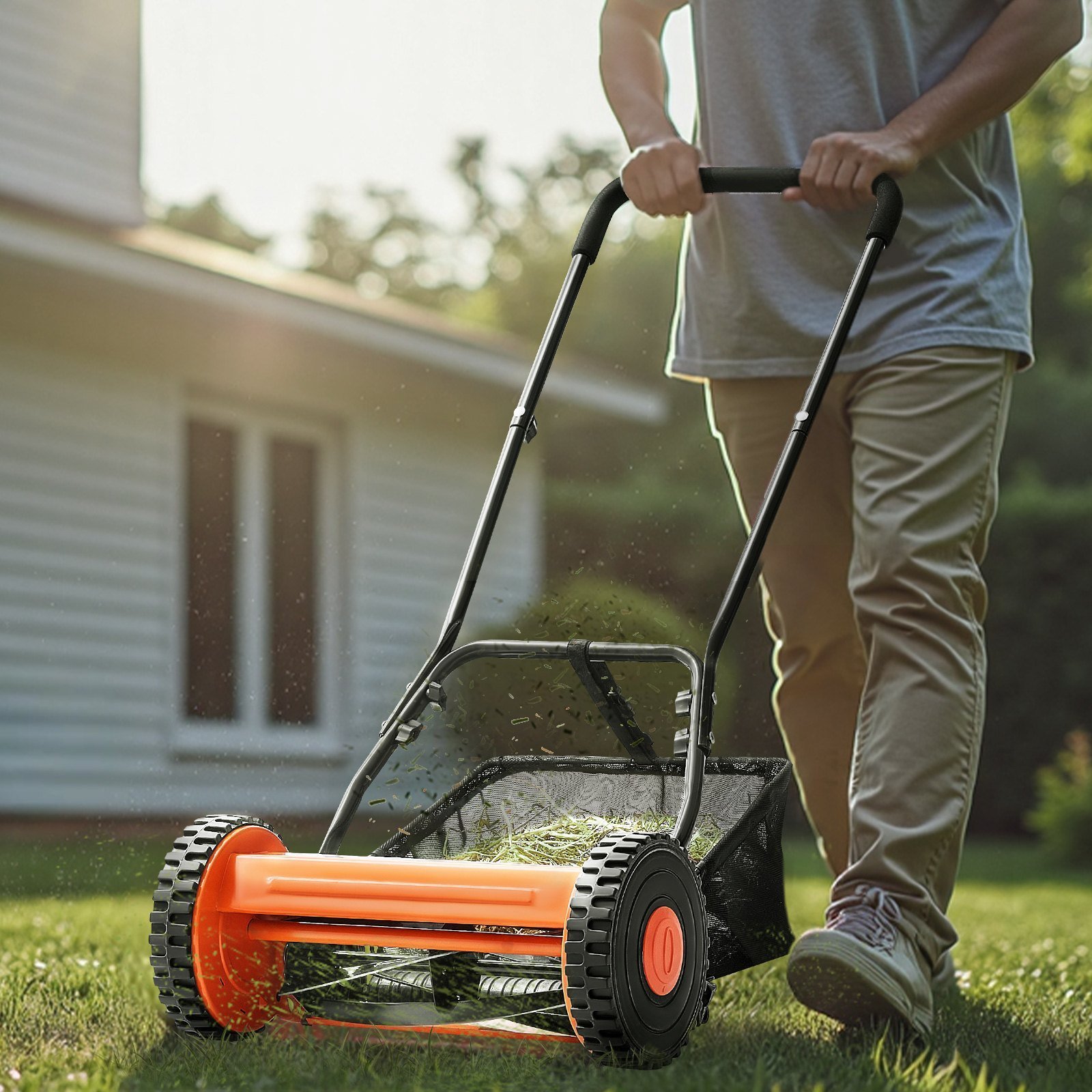 14' Manual Push Reel Lawn Mower 5-Blade Adjustable Height Grass Catcher 2 Wheels - Image 3