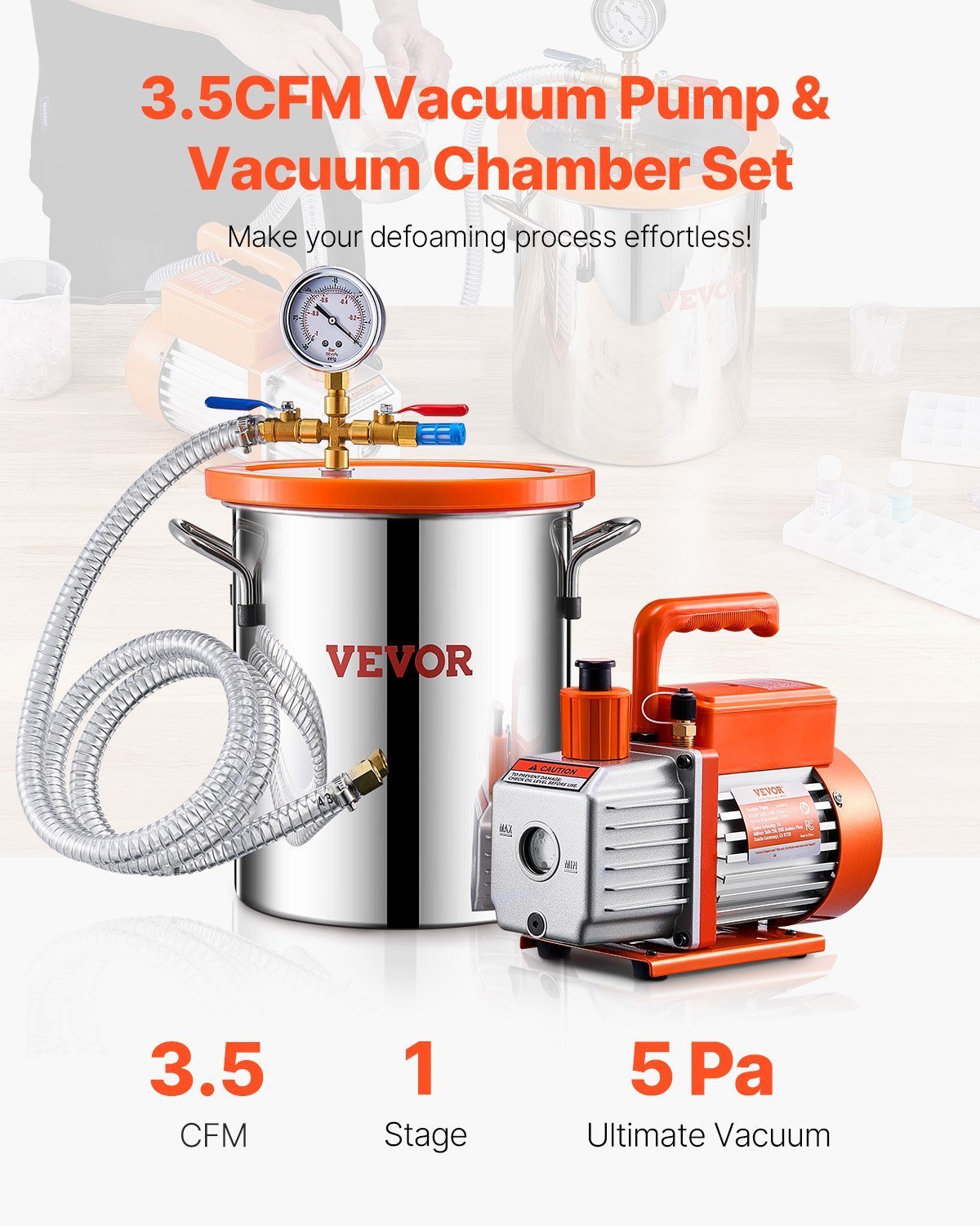 1.5 Gallon Vacuum Chamber 3.5CFM Single Stage Pump Degassing Chamber Kit - Image 4