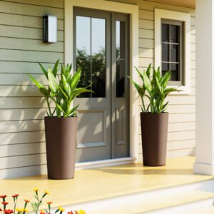 29 Inch Outdoor Planter, Set of 2 Plastic Flower Pots, Weather and UV Resistant Stackable Large Planters, Brown - Image 3