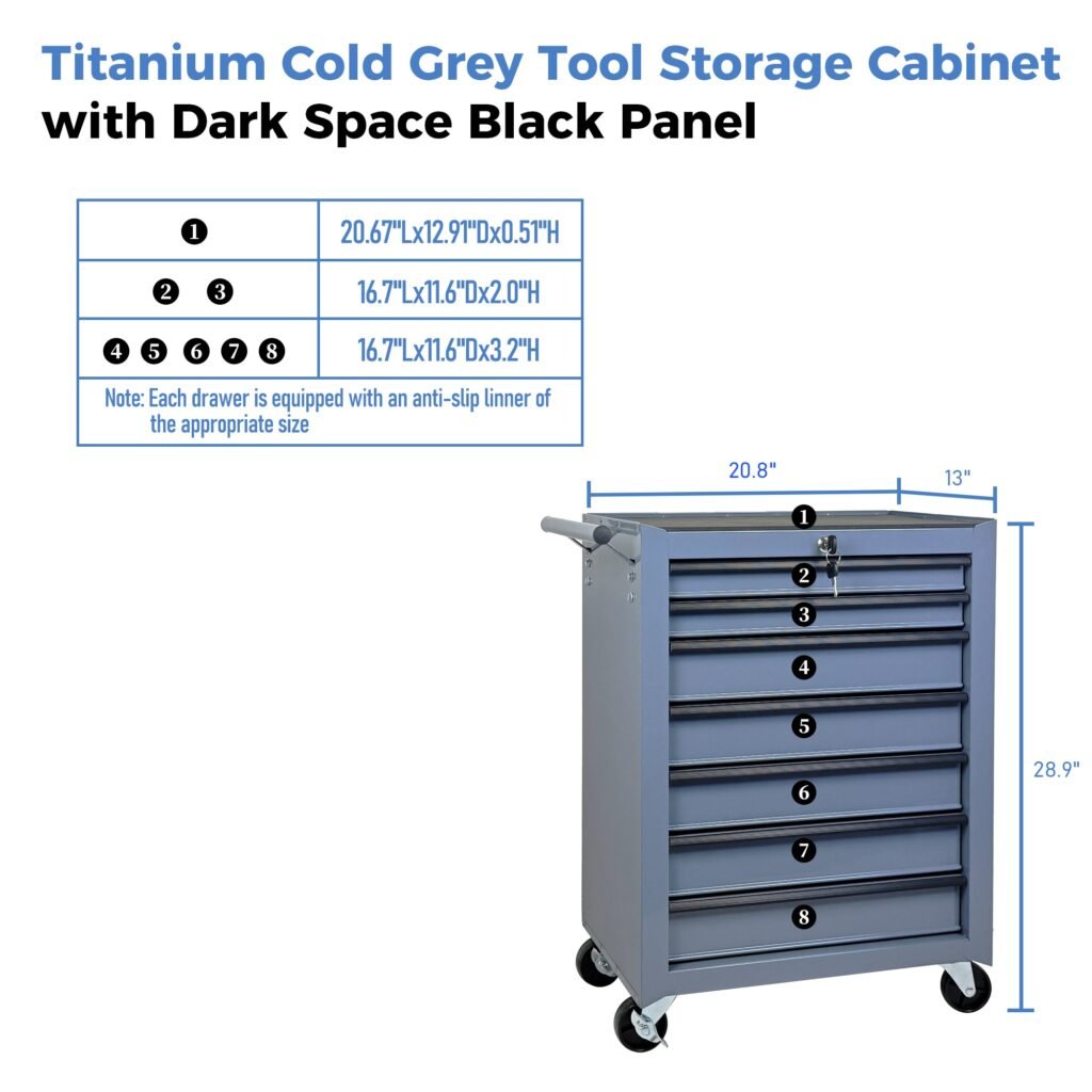 7-Drawer Rolling Tool Storage Cabinet With Detachable Top Tool Box, Universal Lockable Wheels, Adjustable Shelf, Locking Mechanism, Metal Tool Cart For Garage Workshop,Titanium Cold Grey