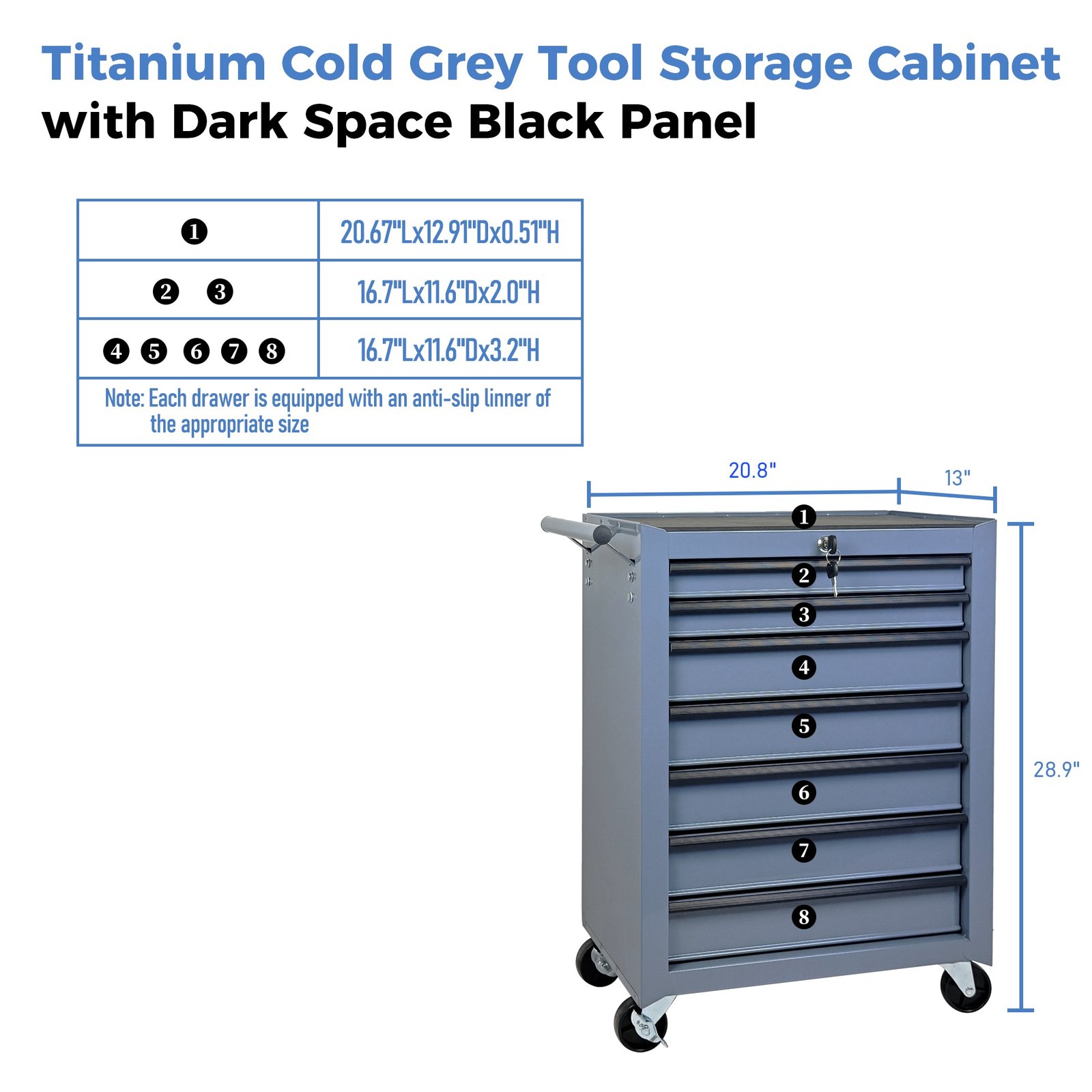 7-Drawer Rolling Tool Storage Cabinet With Detachable Top Tool Box, Universal Lockable Wheels, Adjustable Shelf, Locking Mechanism, Metal Tool Cart For Garage Workshop,Titanium Cold Grey - Image 2