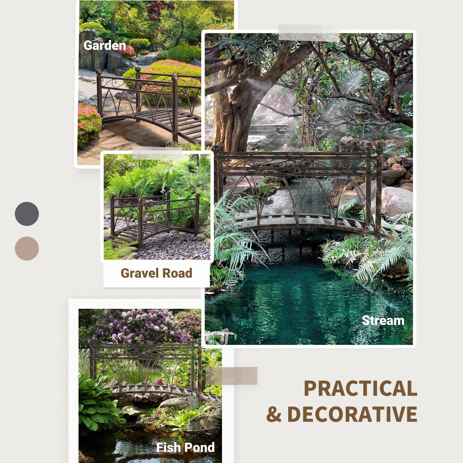 3.3 Metal Arch Zen Garden Bridge with Safety Siderails, Decorative Footbridge, Delicate Scrollwork & Corner Spheres for Stream, Fish Pond, Bronze - Image 4