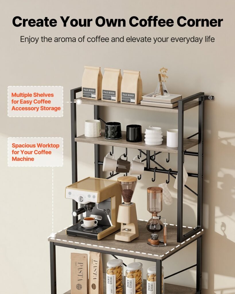 Kitchen Bakers Rack, 23.6 Inch Width Bakers Rack, Kitchen Stand With X-Shaped Support Bar, 12 S-Shaped Hooks, Double-Layer Top Shelf, Coffee Bar Stand For Dishes & Bowls, Spice Bottles