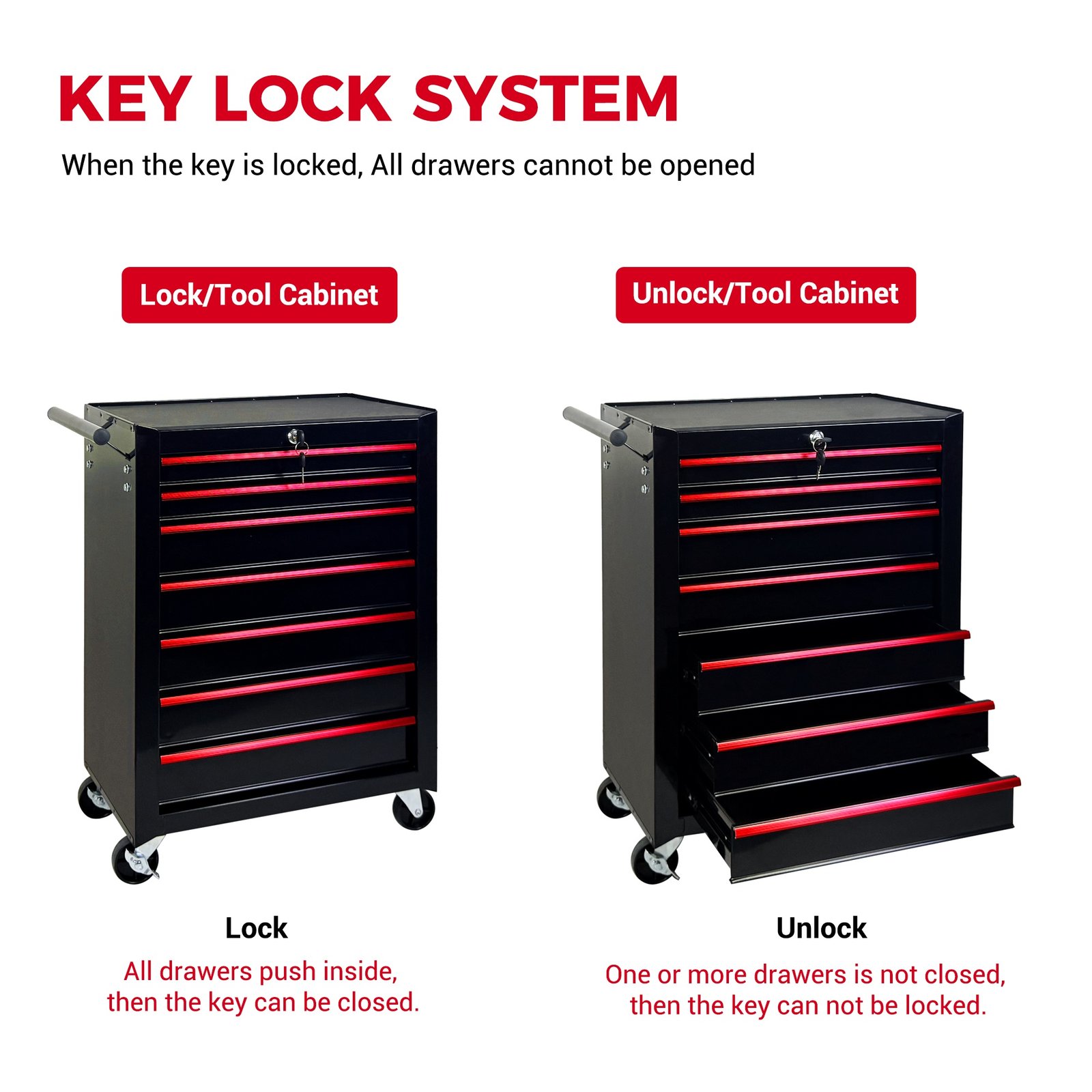 7-Drawer Rolling Tool Storage Cabinet With Detachable Top Tool Box, Universal Lockable Wheels, Adjustable Shelf, Locking Mechanism, Metal Tool Cart For Garage Workshop,Dark Space Black - Image 6