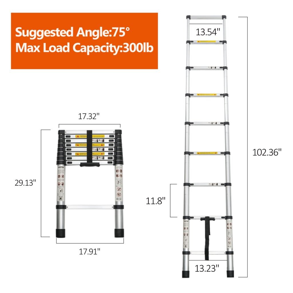 Telescoping Ladder 8.5FT, Telescopic Extension Ladder, Aluminum Alloy Folding Ladder Portable Multi-Purpose for Indoor Outdoor Work, Heavy Duty 300 lbs Load