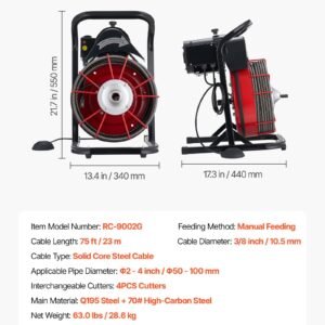Drain Cleaner Machine 75 FT X 3/8 Inch, Sewer Snake Auger Manual Feed With 4 Cutters & Air-activated Foot Switch For 2" To 4" Pipes - Image 1