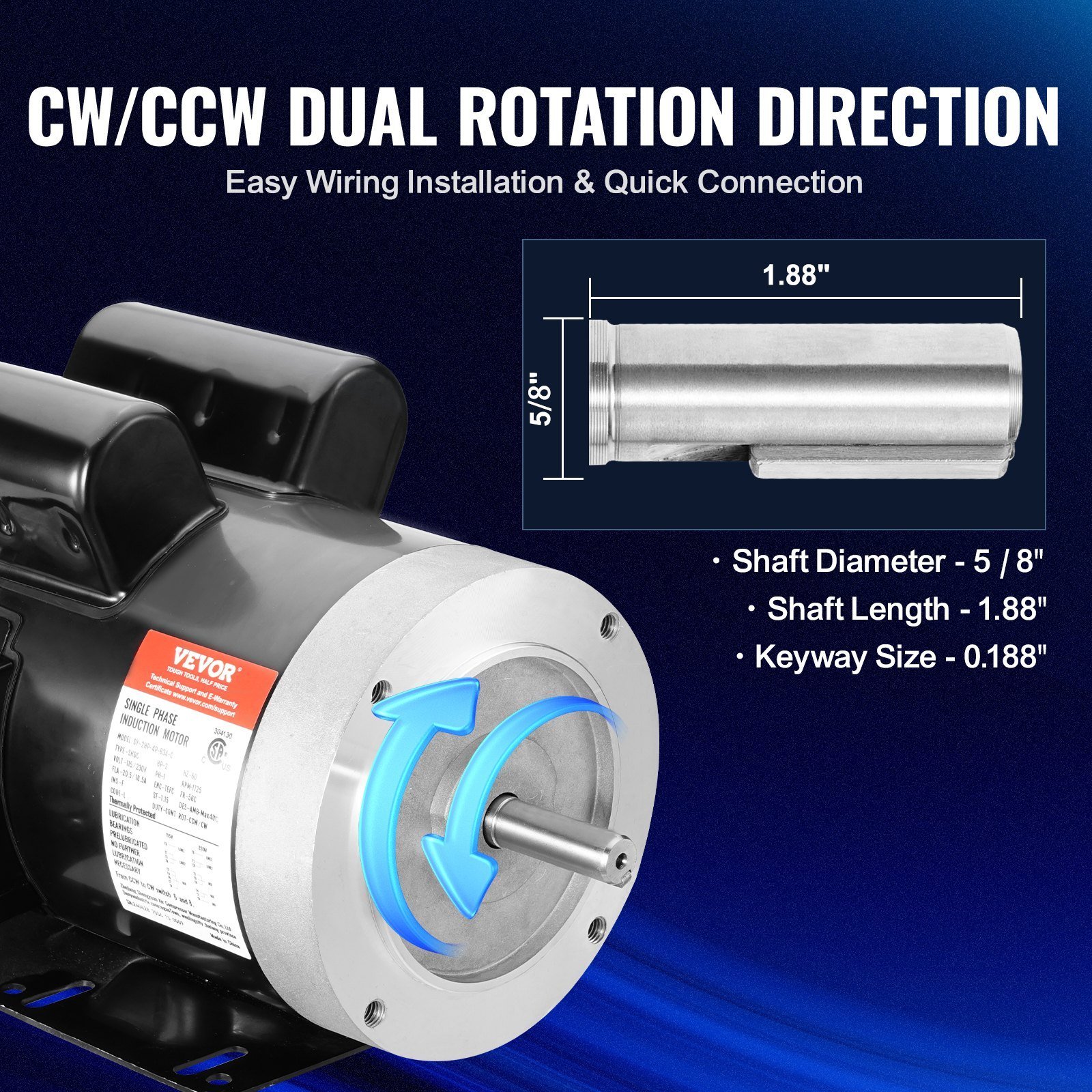 2HP Electric Motor 1725 Rpm, AC 115V/230V, 56C Frame, Air Compressor Motor Single Phase, 5/8' Keyed Shaft, CW/CCW Rotation For Agricultural Machinery And General Equipment - Image 3