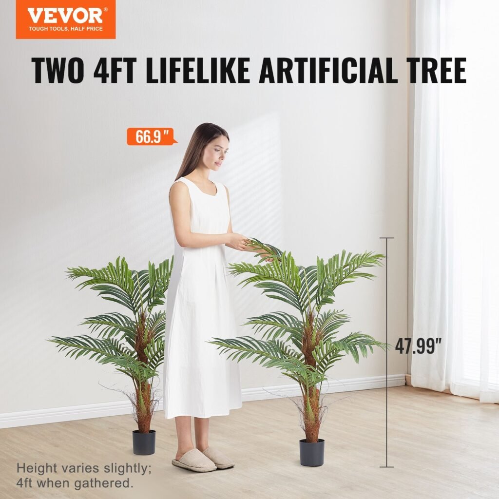 Artificial Palm Tree, 4 FT Tall Faux Plant, Secure PE Material & Anti-Tip Tilt Protection Low-Maintenance Plant, Lifelike Green Fake Tree For Home Office Warehouse Decor Indoor Outdoor