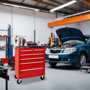5-Drawer Rolling Tool Chest w/Lock & Key, Tool Storage Cabinet with Wheels, Top Cushion & Drawer Liners, Tool Organizer Box for Garage, Warehouse & Repair Shop-RED - Image 3