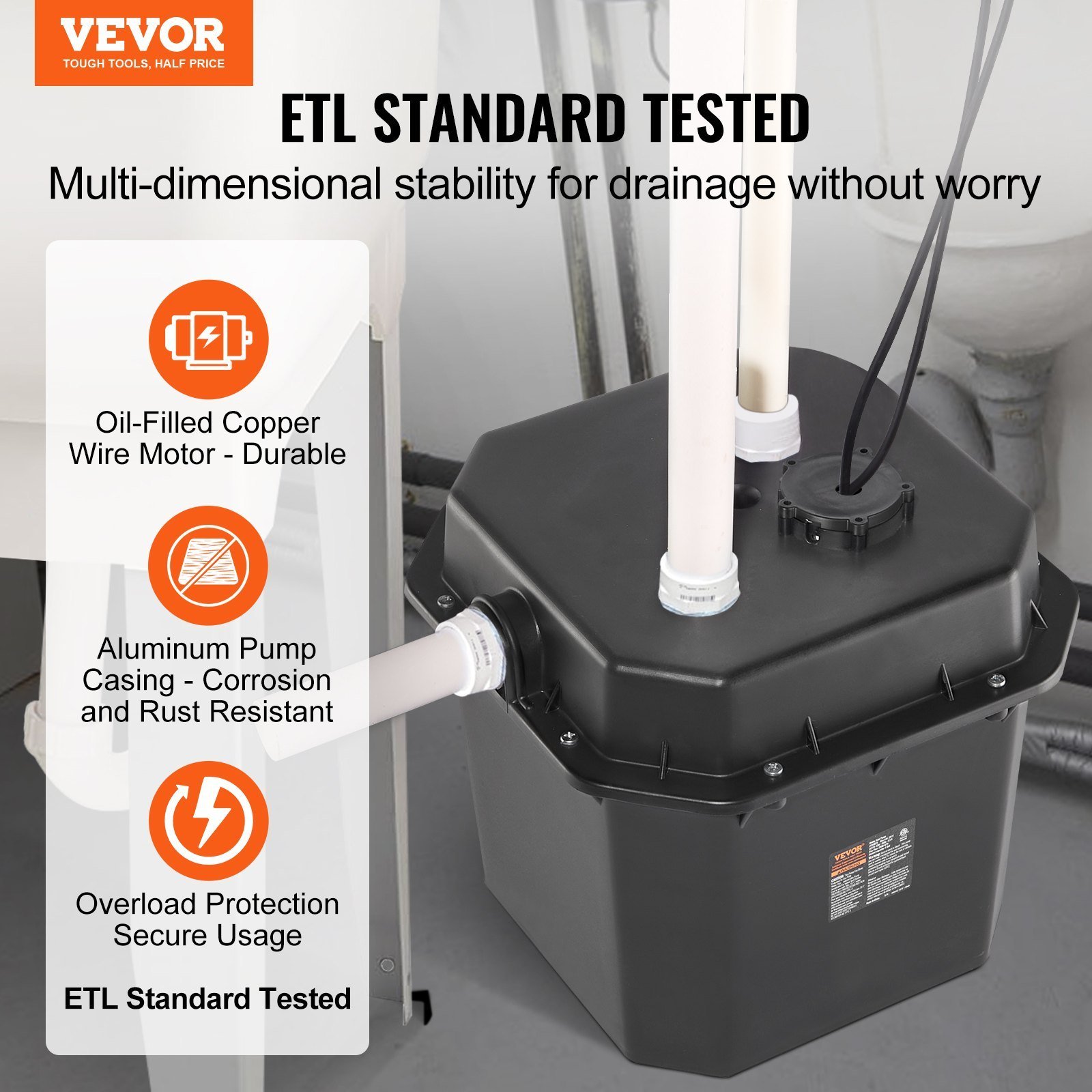 Utility Sink Pump, 1/3 HP, 120-Volt, 2900 GPH Flow, 25 Ft Head, Under-Sink Sump Pump System With 6 Gallon Basin, Automatic Utility/Laundry Sink Pump, Drain Pump With 1-1/2" NPT Outlet, Black - Image 2