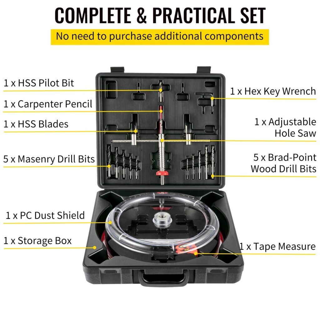 Adjustable Hole Saw Cutter Kit, 1-5/8' To 8' (40-200 Mm), Twin Blade Recessed Hole Saw With PC Dust Shield, Two Replaceable Pilot Drill Bits, For Recessed Lights, Ceiling Speakers, Vent Holes