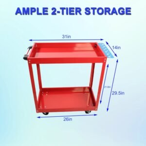 Tool Cart On Wheels, Heavy Duty Steel Utility Cart W-Lockable Wheels, 400 LBS Capacity Industrial Service Cart For Garage, Warehouse, Workshop  Two-layer Bright Red - Image 8