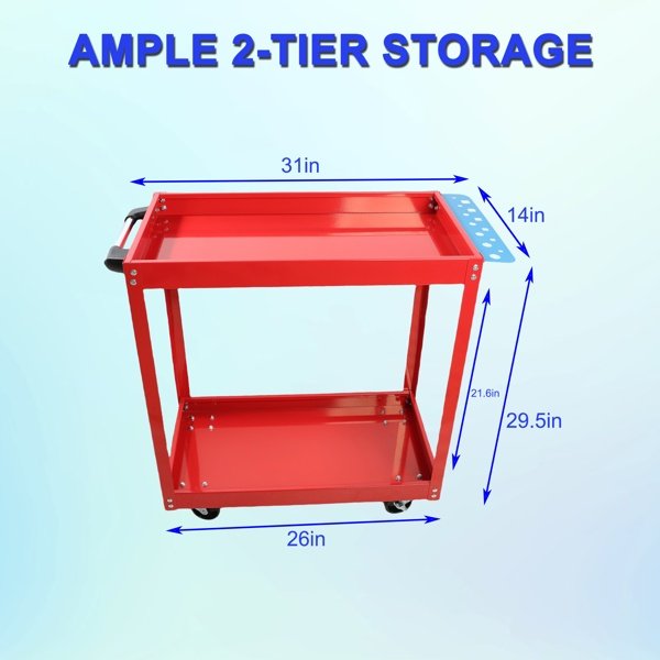 Tool Cart On Wheels, Heavy Duty Steel Utility Cart W-Lockable Wheels, 400 LBS Capacity Industrial Service Cart For Garage, Warehouse, Workshop  Two-layer Bright Red