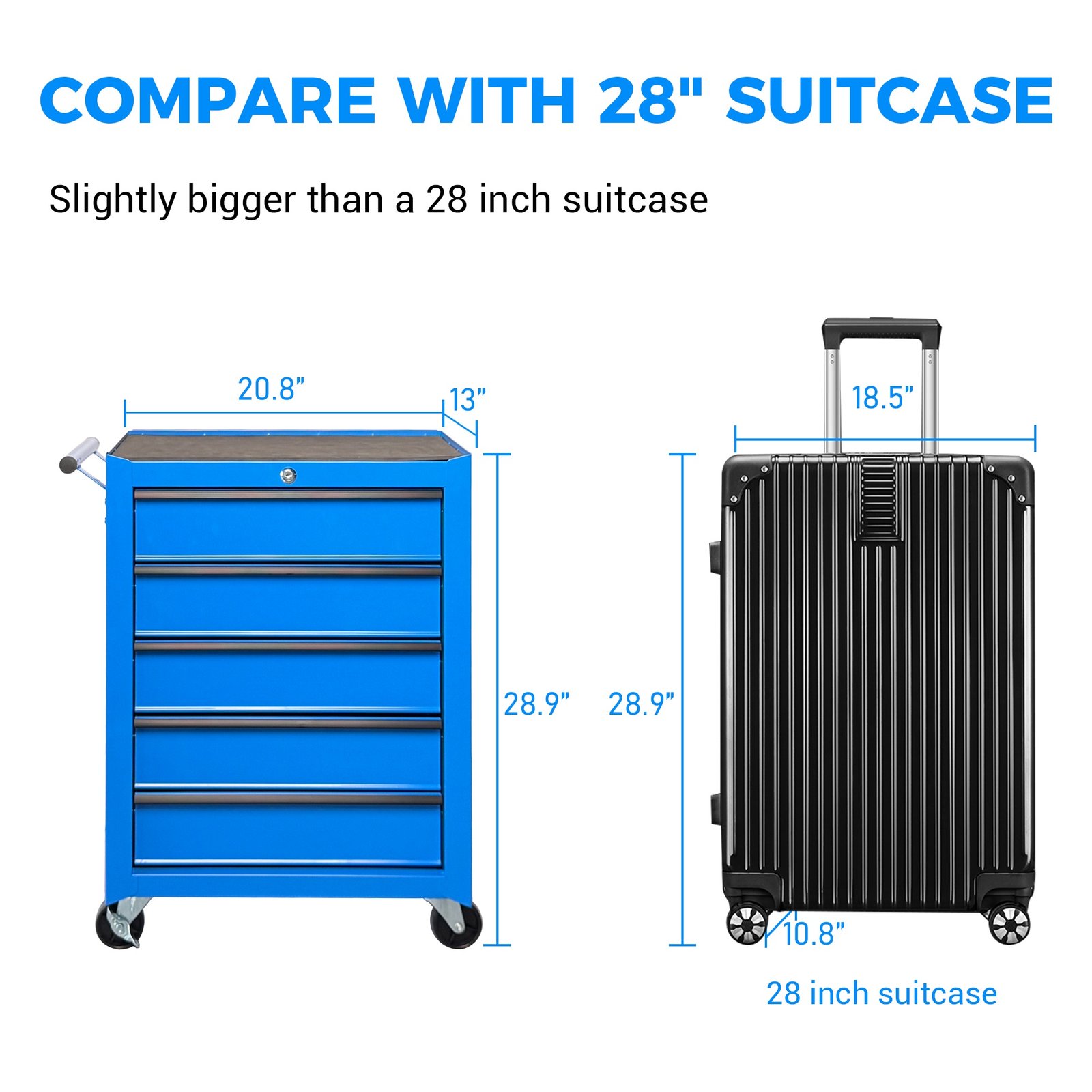 Rolling Metal Tool Chest with 5 Drawers, 20" 5-Drawer Tool Chest Cabinet with Ball Bearing Drawer Slides, Steel Tool Storage Box Organizer -BLUE - Image 4