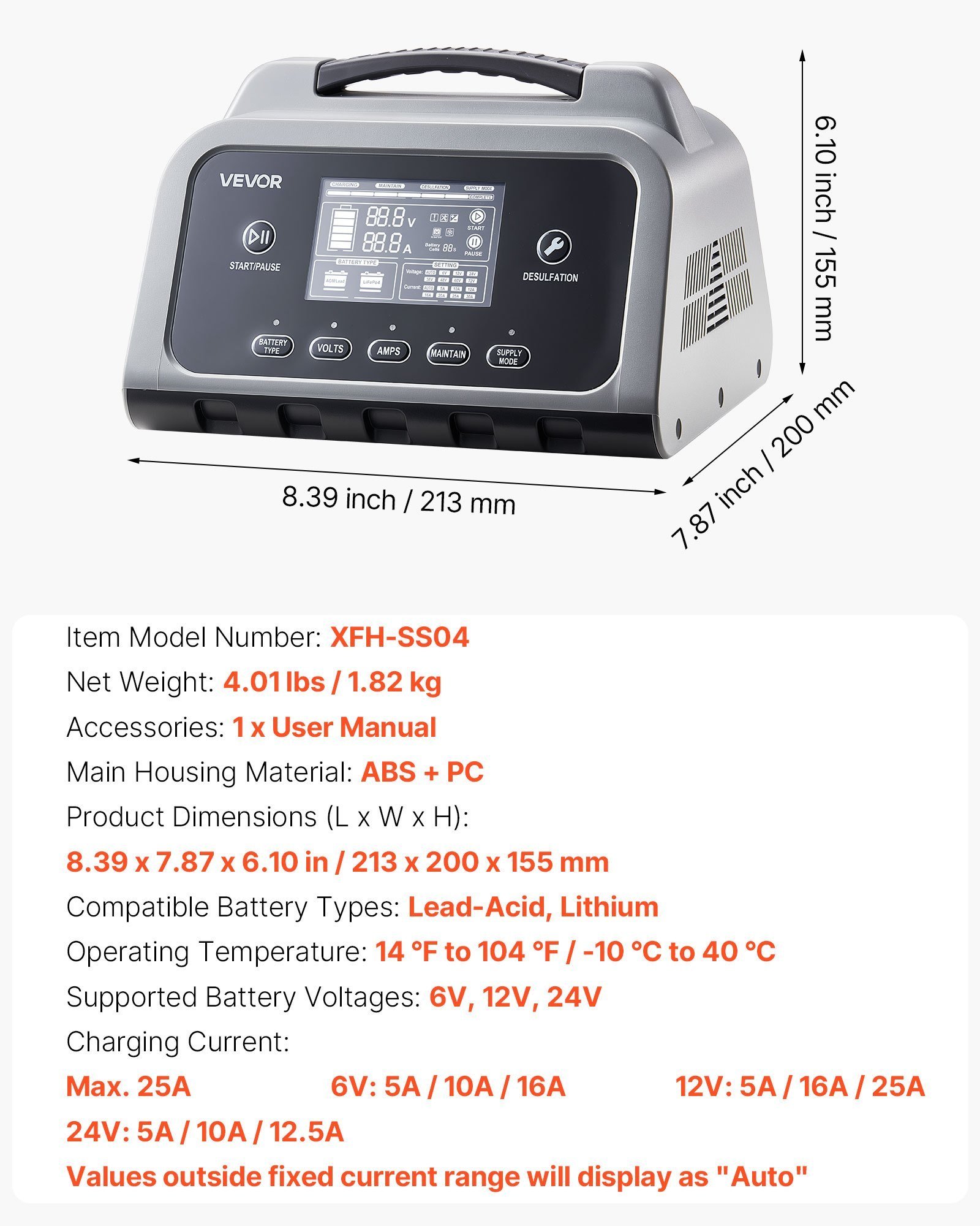 Smart Battery Charger, 25A, 6V 12V 24V Lithium LiFePO4 Lead-Acid (Gel/AGM) Car Battery Charger, With LCD Display, Trickle Charging Maintainer Desulfator, For Car, Boat, Motorcycle, Lawn Mowers - Image 1