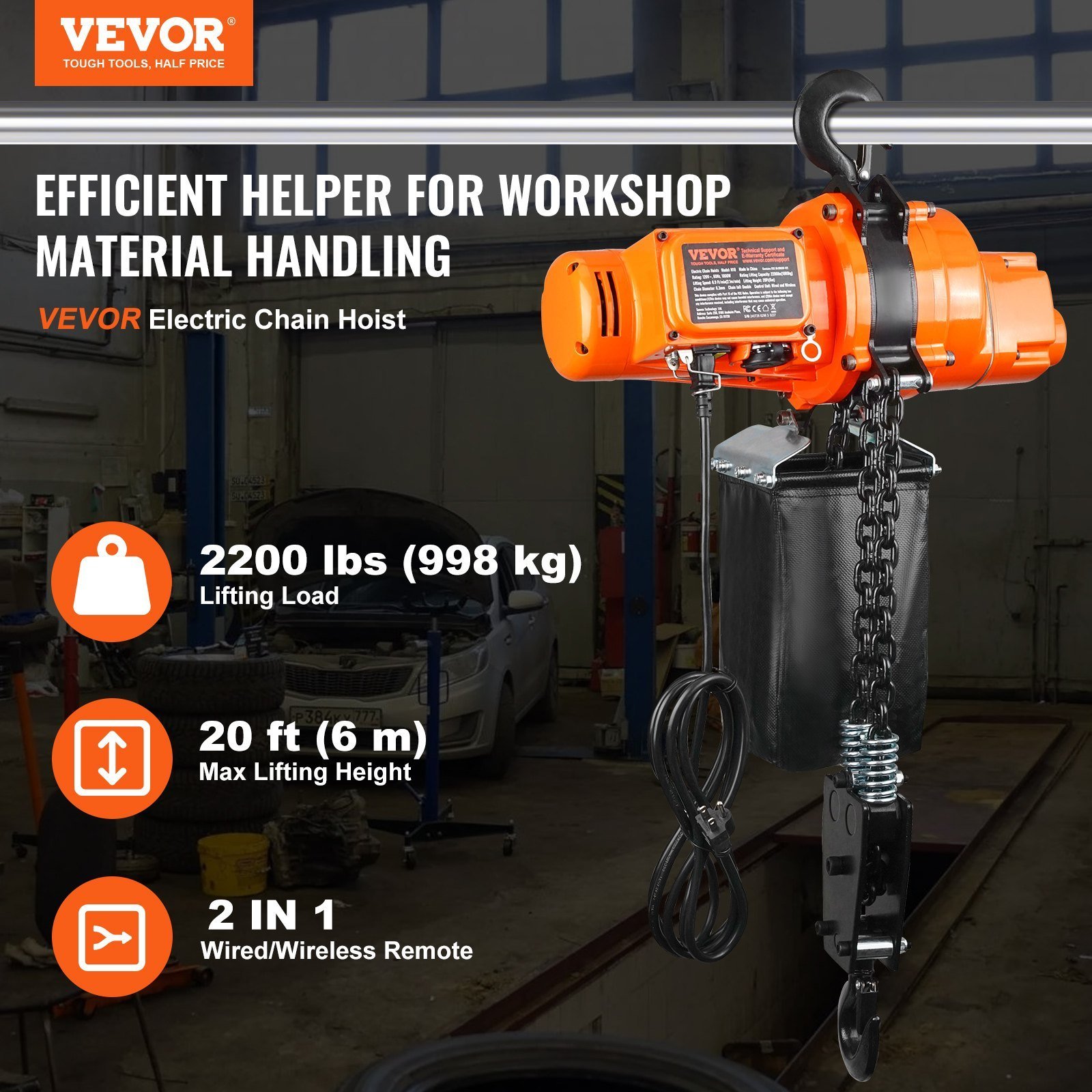 Electric Chain Hoist Single Phase Crane Hoist 2200 Lbs Load 20 Ft Lifting - Image 4