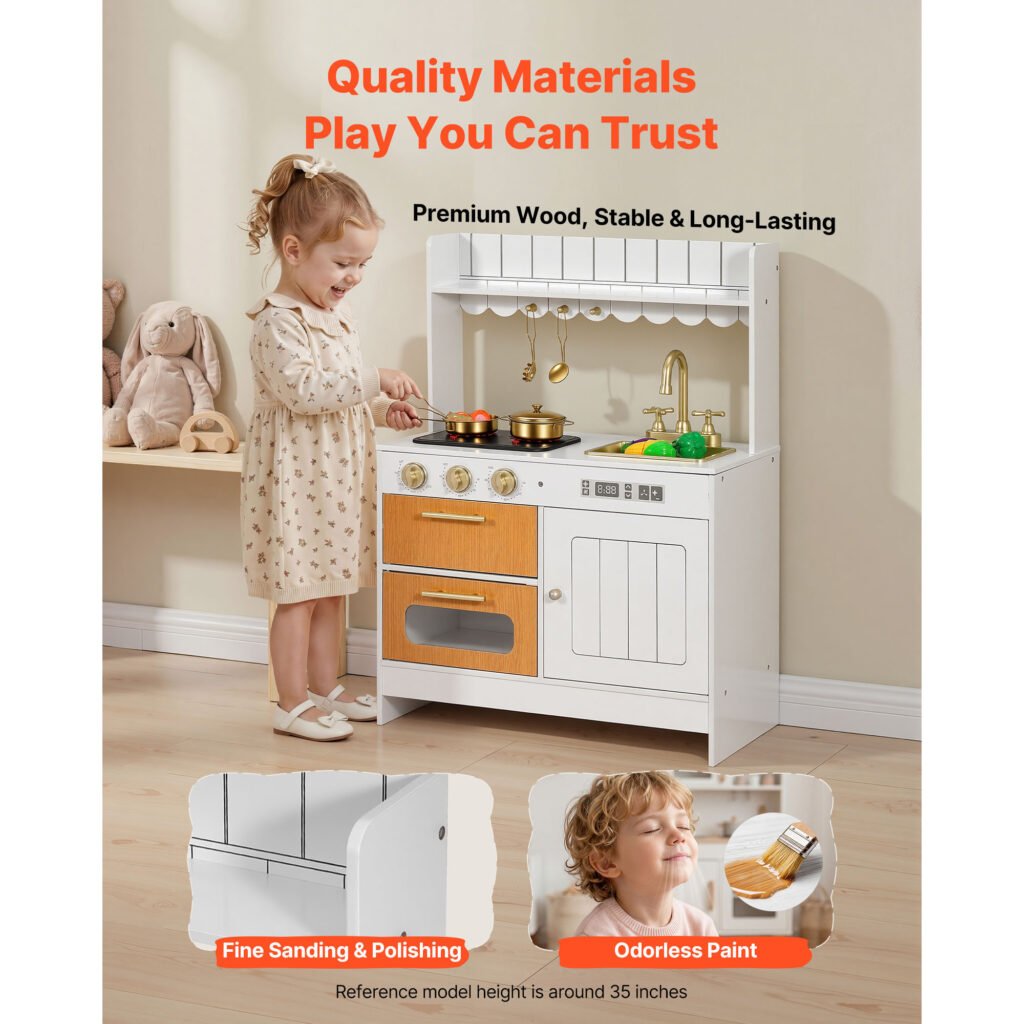 Play Kitchen For Kids, Wooden, Kids Kitchen Playset With Real Lights & Sounds, Food & Cookware Accessories, Pretend Play Toy Set, Sink, Oven, Stove, Cabinet, For Toddlers, Girls & Boys Ages 3-8