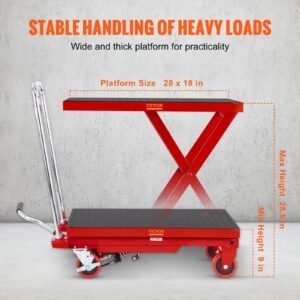 Hydraulic Lift Table Cart, 500lbs Capacity 28.5" Lifting Height, Manual Single Scissor Lift Table With 4 Wheels And Non-slip Pad, Hydraulic Scissor Cart For Material Handling, Red - Image 3