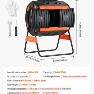 Compost Tumbler, 53 Gallon Dual Chamber Outdoor Tumbling Composter With 2 Sliding Doors And Aeration System, Large Easy-Turn Rotating Composting Bin For Outside, Garden, Kitchen, And Yard Waste - Image 6
