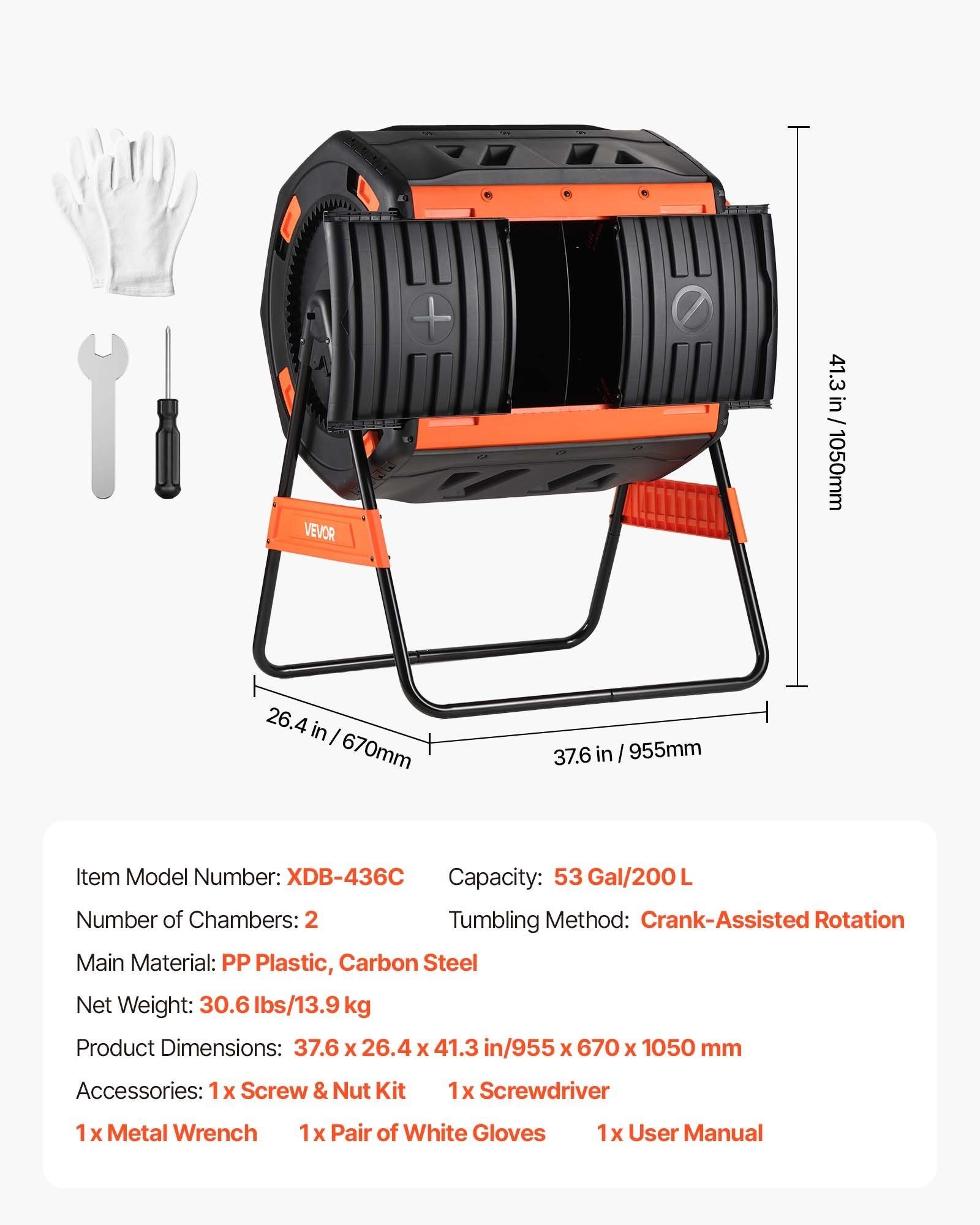 Compost Tumbler, 53 Gallon Dual Chamber Outdoor Tumbling Composter With 2 Sliding Doors And Aeration System, Large Easy-Turn Rotating Composting Bin For Outside, Garden, Kitchen, And Yard Waste - Image 1