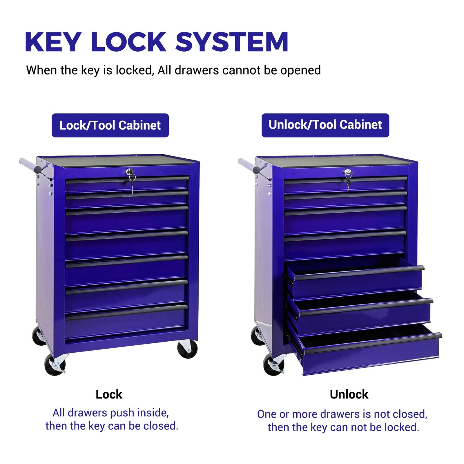 7-Drawer Rolling Tool Storage Cabinet With Detachable Top Tool Box, Universal Lockable Wheels, Adjustable Shelf, Locking Mechanism, Metal Tool Cart For Garage Workshop,Amethyst Charm Purple - Image 8