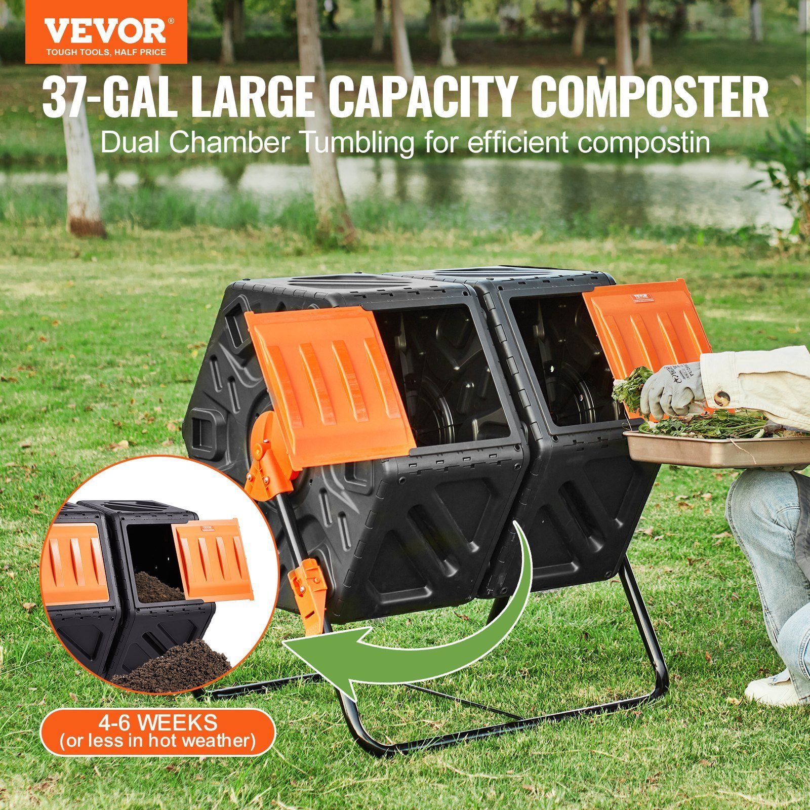 Compost Bin, 37-Gal Dual Chamber Composting Tumbler, High Volume Two Rotating Chambers With 2 Sliding Door And Steel Frame, BPA Free Composter Bin Tumbler For Garden, Kitchen, Yard, Outdoor - Image 3