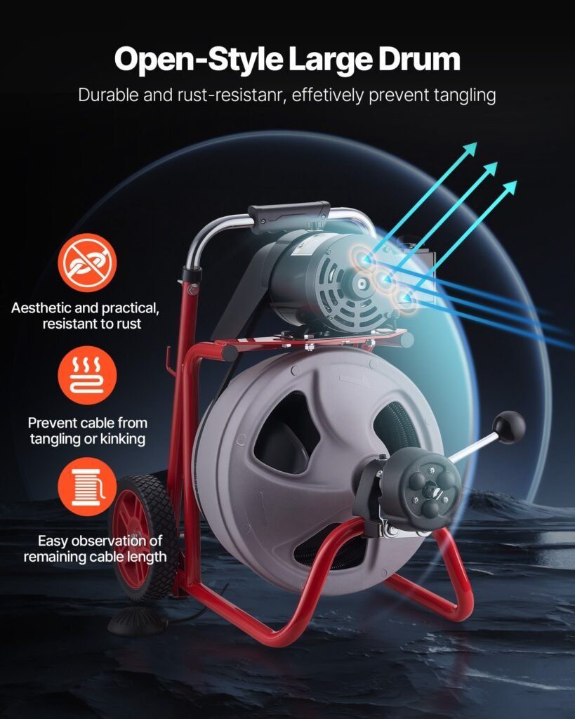 Drain Cleaner Machine 100 FT X 3/8 Inch, Auto Feed Sewer Snake Drain Auger On Wheels, Portable Drain Cleaning Machine With 8 Cutters & Air-Activated Foot Switch For 2" To 4" Pipes