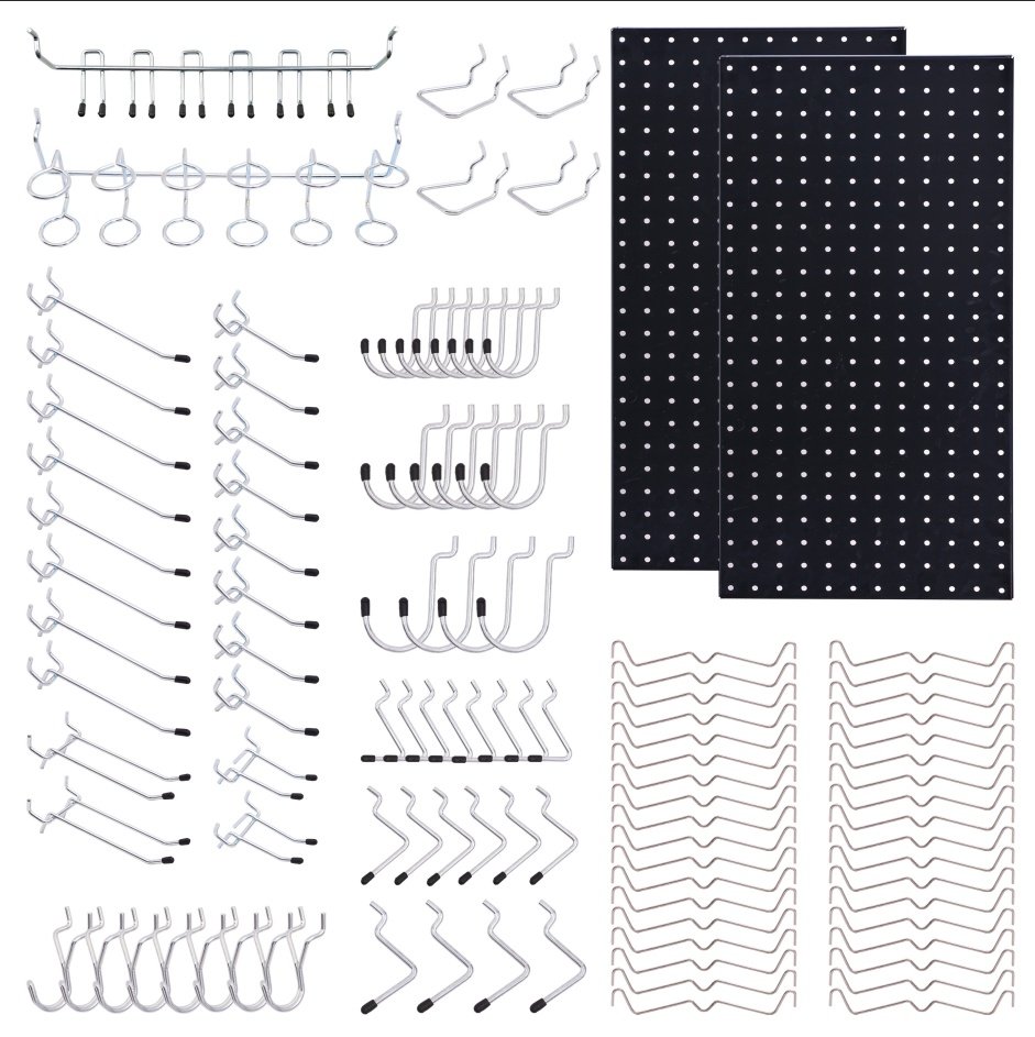 108-Piece Black Wall Management Kit, Including Pegboard And Hooks In Multiple Sizes, Ideal For Organizing Garages, Workshops, And Storage Rooms