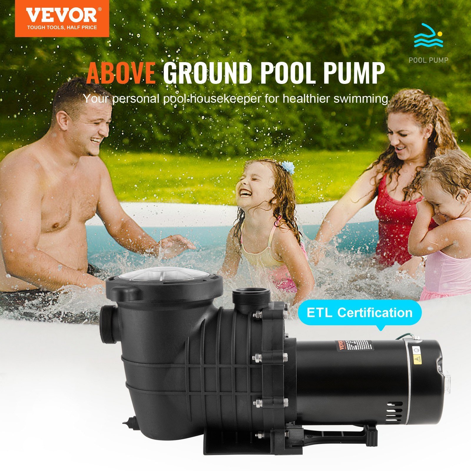 Above Ground Pool Pump, 1HP, 80 GPM Max. Flow Single Speed Swimming Pool Pump, 110V/240V 3450RPM 34.4ft Max. Head Pool Pump With Filter Basket, For Above Ground Pools Hot Tubs Spas - Image 2